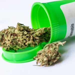 A close up of a medical cannabis flower in a green container.