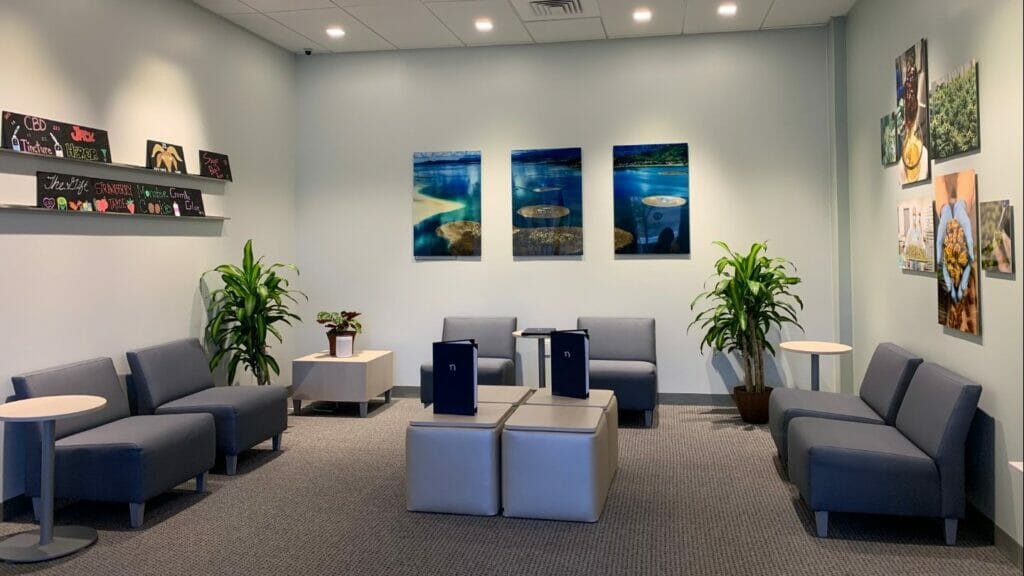 a waiting area with couches, tables, and potted plants.