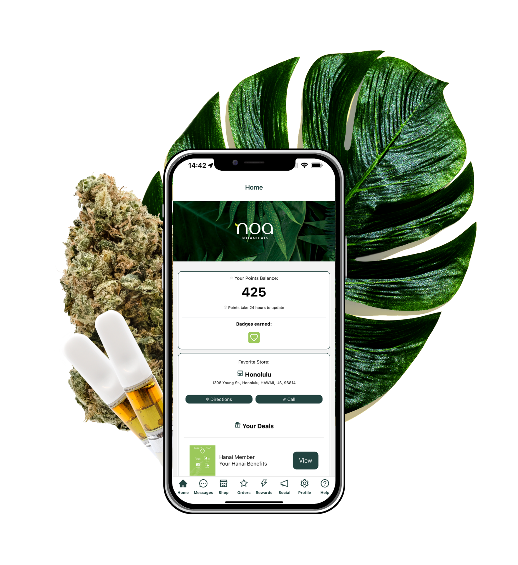 A phone featuring a CBD app, adorned with a marijuana leaf and integrated with Malama Rewards.