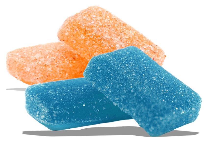 Three blue and orange gummy bears on a black background.