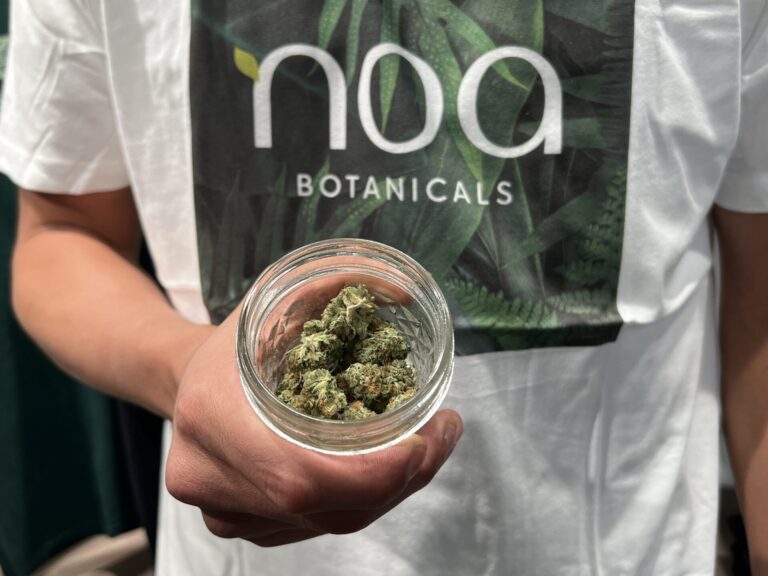 A person holding a jar of cannabis with the word noa botanicals on it.