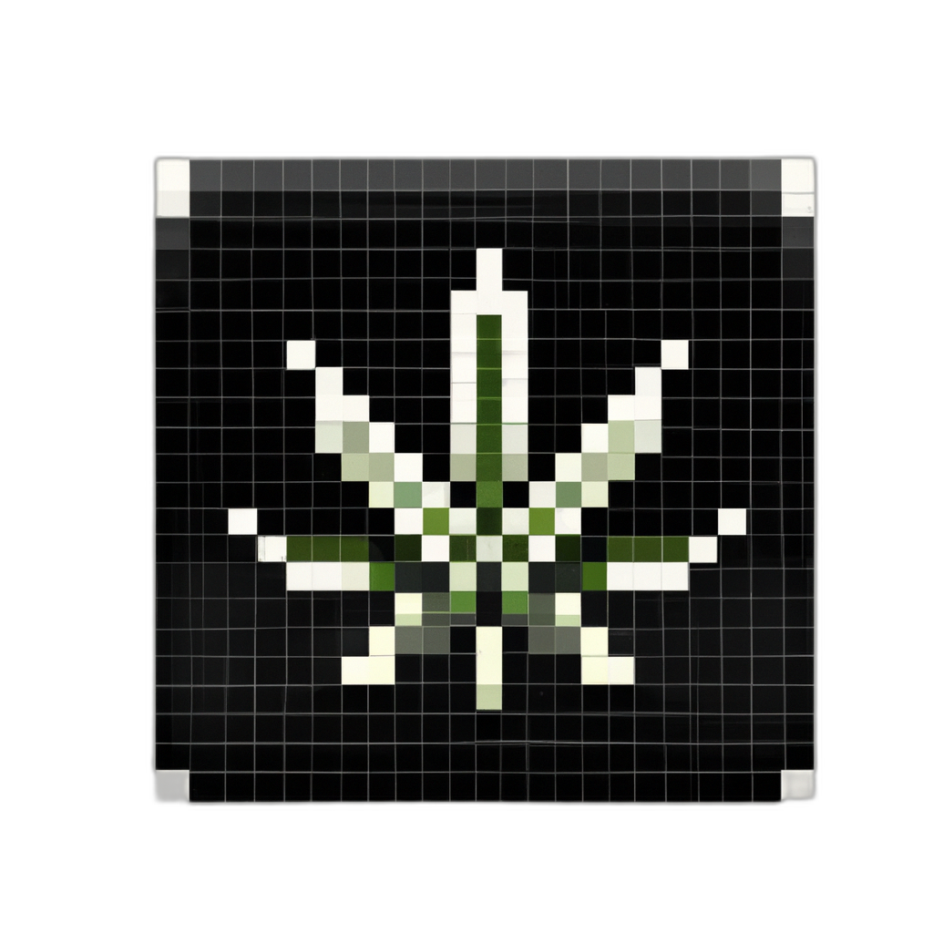 A black and white square with a marijuana leaf on it.