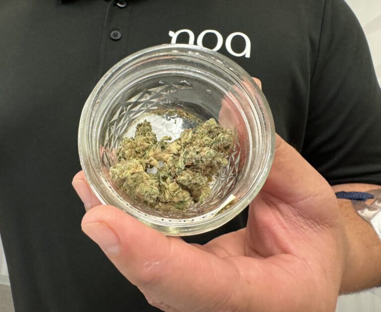 A man holding a jar of marijuana in his hand.