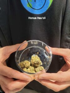 A person holding up a bowl of marijuana.