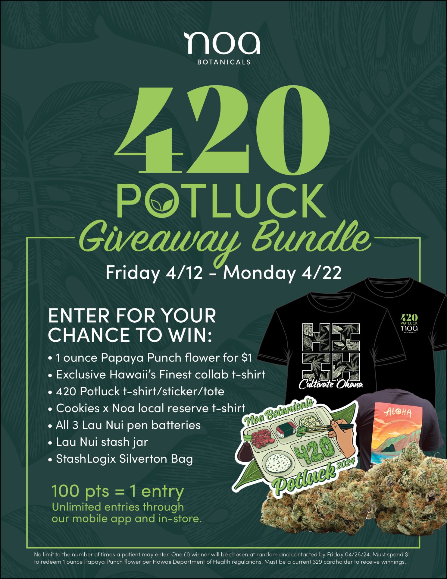Promotional flyer for nāeao botanicals' "420 potluck giveaway bundle," featuring details about prizes including t-shirts and exclusive cannabis strains, with entry guidelines and colorful botanical graphics.