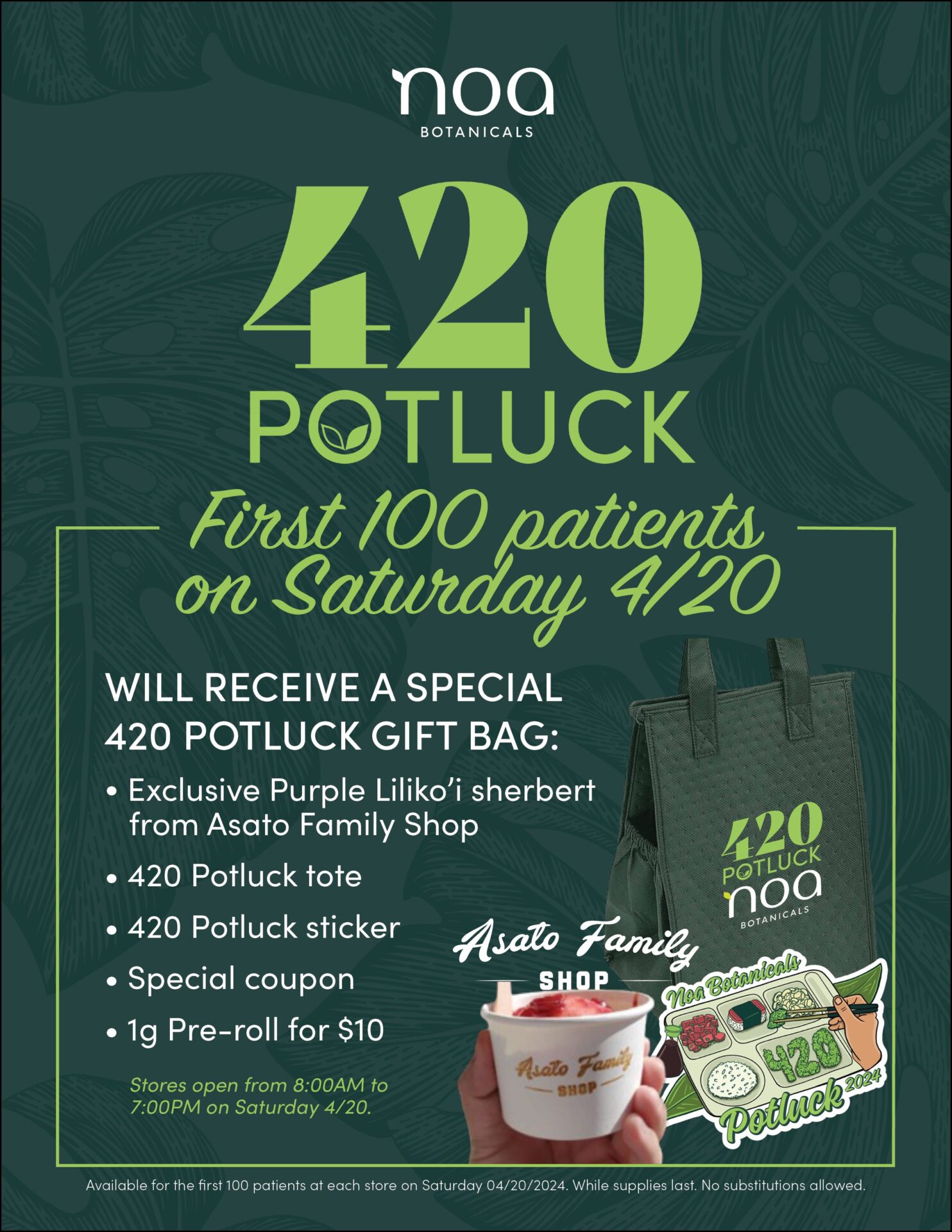 Promotional poster for noa botanicals announcing a '420 potluck' event with offers for the first 100 patients on april 20, featuring store items and opening hours.