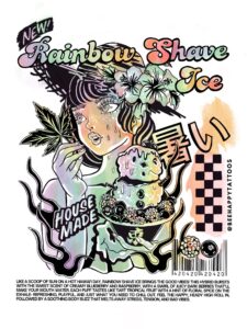 Hawaii Strain Art Illustration of a woman with flowers in her hair holding a bowl of rainbow shave ice Cannabis Strain, surrounded by colorful text, tropical motifs, and subtle hints inspired by the Rainbow Shave Ice Cannabis Strain.