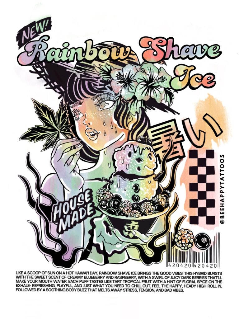 Hawaii Strain Art Illustration of a woman with flowers in her hair holding a bowl of rainbow shave ice Cannabis Strain, surrounded by colorful text, tropical motifs, and subtle hints inspired by the Rainbow Shave Ice Cannabis Strain.