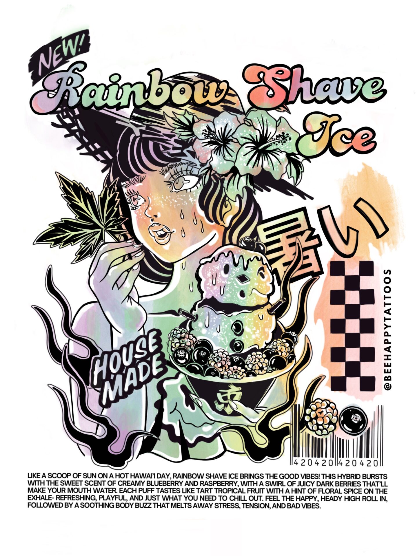 Hawaii Strain Art Illustration of a woman with flowers in her hair holding a bowl of rainbow shave ice Cannabis Strain, surrounded by colorful text, tropical motifs, and subtle hints inspired by the Rainbow Shave Ice Cannabis Strain.