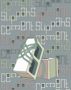Illustration of a pair of cement blocks tied with green rope, set against a patterned background with "cement slippahs" in various sizes and colors—perfect for fans of unique Cannabis Strain Art.