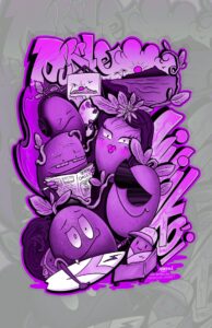 Colorful illustration of animated purple fruits with expressive faces, reading, writing, and interacting—set against a gray background with bright purple accents and graffiti-style text inspired by Gorilla Quake Cannabis Strain art.