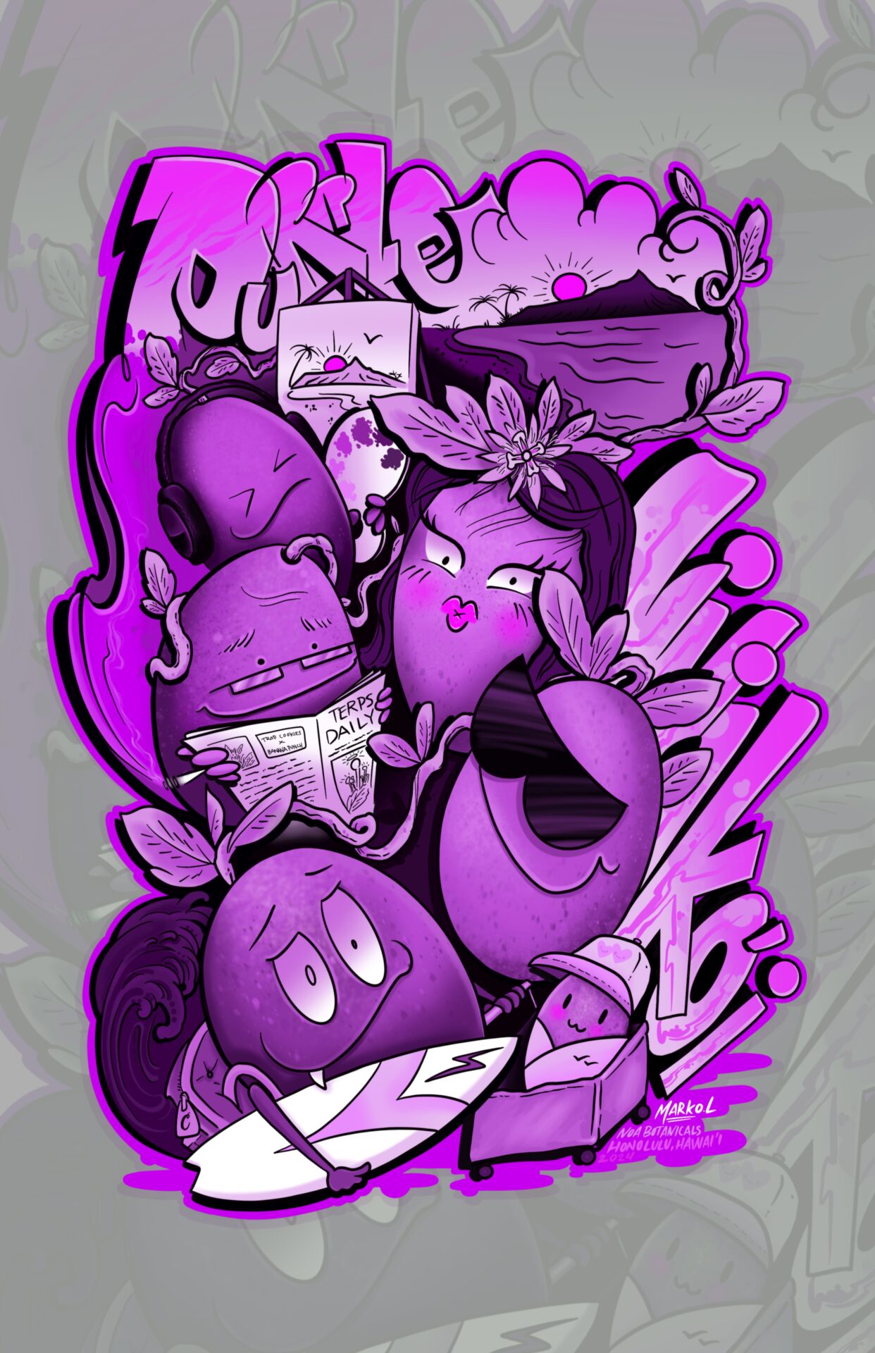 Colorful illustration of animated purple fruits with expressive faces, reading, writing, and interacting—set against a gray background with bright purple accents and graffiti-style text inspired by Gorilla Quake Cannabis Strain art.