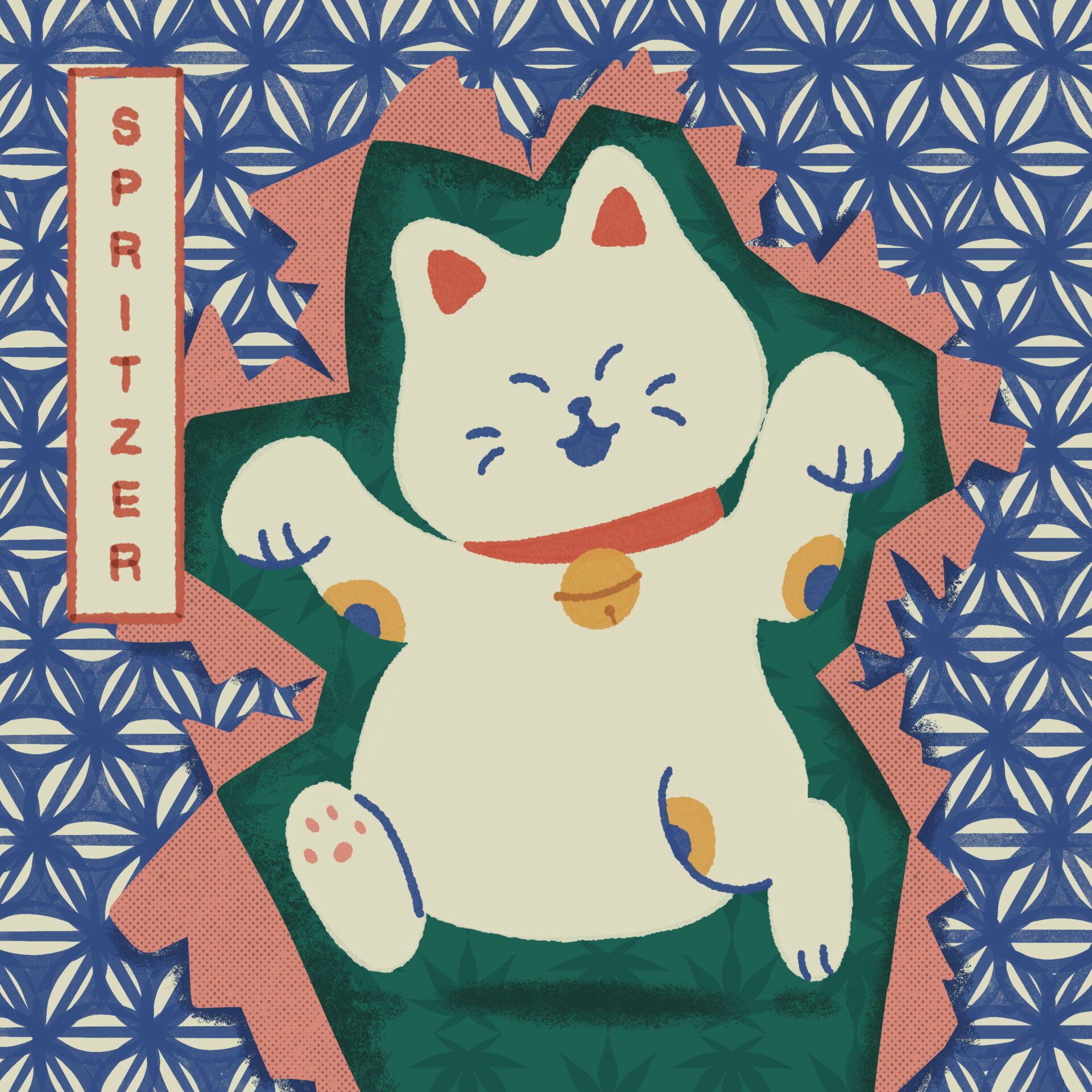 Illustration of a white maneki-neko cat with a red collar and bell, breaking through a patterned blue background. "SPRITZER" is written vertically on the left, blending playful style with Cannabis Strain Art inspiration.