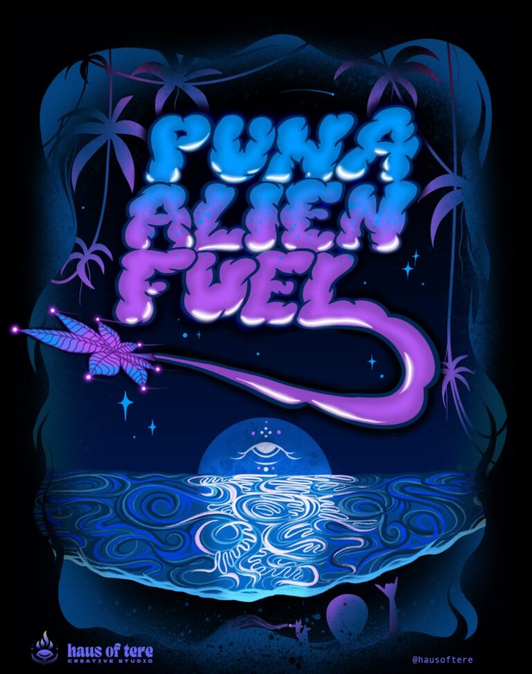 A surreal, tropical alien landscape with a rocket flying over glowing ocean waves and text reading "Puna Alien Fuel" in stylized, purple and blue letters—an imaginative piece of Cannabis Strain Art.