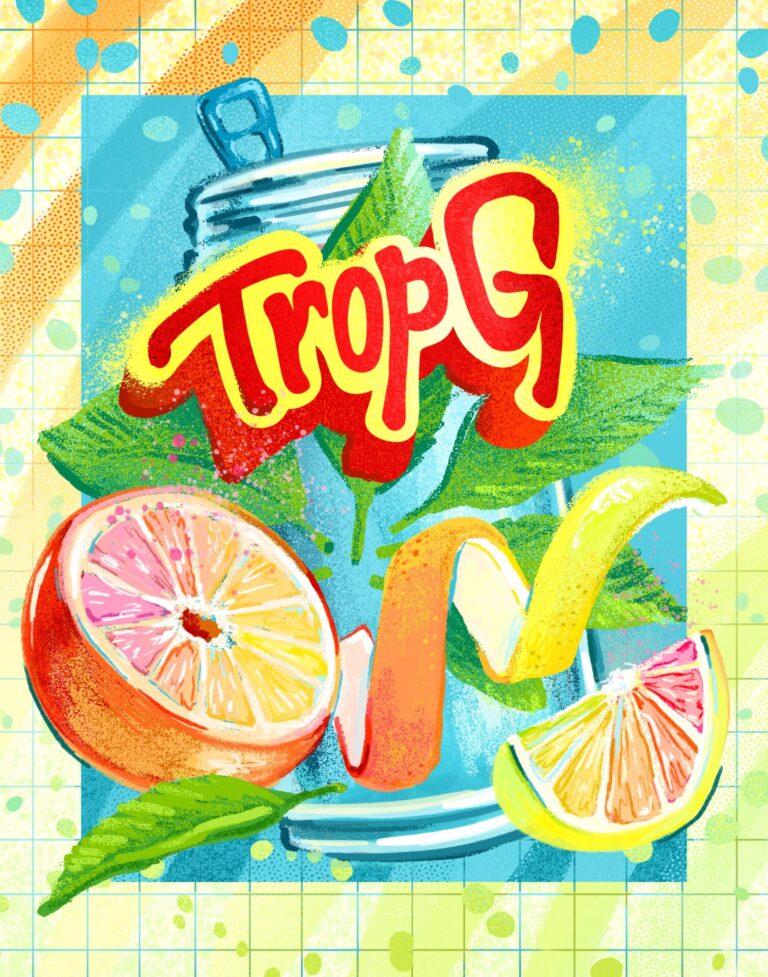 Colorful illustration of a soda can labeled "TropG" with citrus fruits, leaves, and juice splashes against a patterned background, inspired by vibrant Cannabis Strain Art.