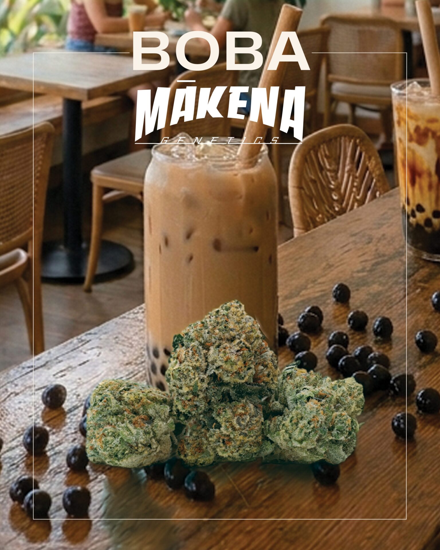 A glass of iced boba tea with a straw sits on a wooden table, surrounded by tapioca pearls and Maui Mandarin Cannabis Strain buds in the foreground. The text reads "Boba cannabis strain by Mākena Genetics at Noa Botanicals Medical Cannabis Dispensary on Oahu Hawaii.