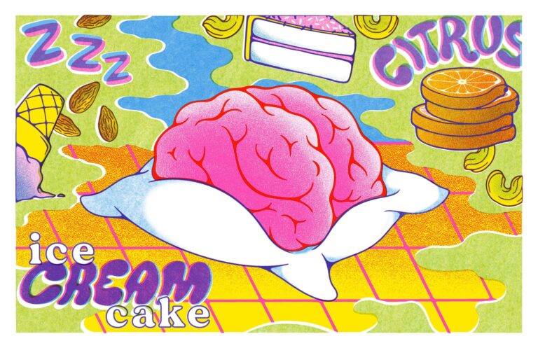 An illustrated image of a brain on a pillow, surrounded by drawings of cake, citrus slices, nuts, and text like "ice cream cake," "Zzz," and "CITRUS"—a playful nod to Cannabis Strain Art and the dreamy vibes of Ice Cream Cake Cannabis strain at Noa Botanicals Medical Cannabis Dispensary on Oahu Hawaii. Created by Local artist Erin Nagamine.