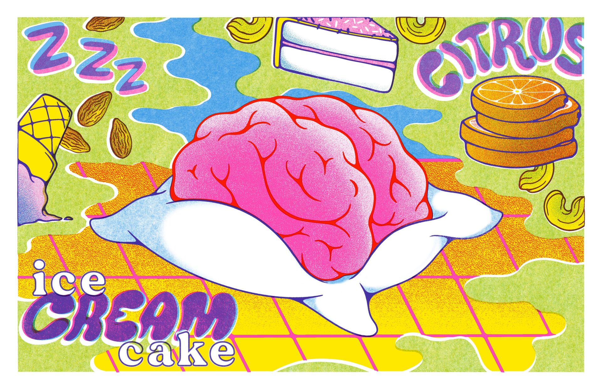 An illustrated image of a brain on a pillow, surrounded by drawings of cake, citrus slices, nuts, and text like "ice cream cake," "Zzz," and "CITRUS"—a playful nod to Cannabis Strain Art and the dreamy vibes of Ice Cream Cake Cannabis strain at Noa Botanicals Medical Cannabis Dispensary on Oahu Hawaii. Created by Local artist Erin Nagamine.