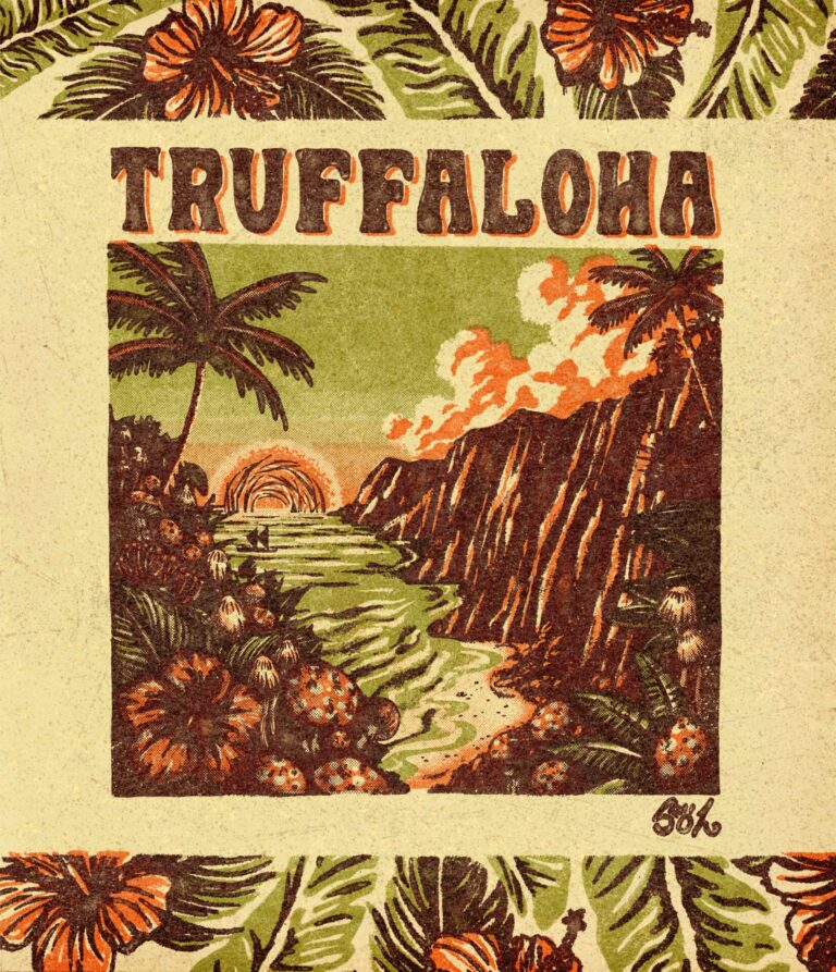 Illustration of a tropical landscape with palm trees, cliffs, and ocean at sunset. "TRUFFALOHA" is written at the top in bold text, with floral patterns bordering the image—Cannabis Strain Art inspired by Truffaloha #2 Cannabis Strain at Noa Botanicals Medical Cannabis Dispensary on Oahu Hawaii.