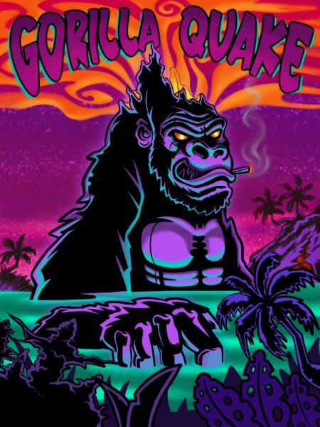 A stylized illustration of a giant gorilla emerging from green waves, holding a cigar, with a vibrant sunset and tropical scenery in the background. “GORILLA QUAKE” text at the top celebrates bold Cannabis Strain Art. A stylized illustration of a giant gorilla emerging from green waves, holding a cigar, with a vibrant sunset and tropical scenery in the background. "GORILLA QUAKE" text at the top celebrates bold Cannabis Strain Art.