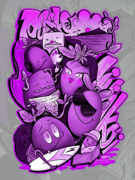 Colorful illustration of animated purple fruits with expressive faces, reading, writing, and interacting—set against a gray background with bright purple accents and graffiti-style text inspired by Gorilla Quake Cannabis Strain art. Colorful illustration of animated purple fruits with expressive faces, reading, writing, and interacting—set against a gray background with bright purple accents and graffiti-style text inspired by Gorilla Quake Cannabis Strain art.