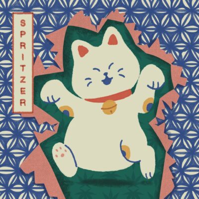 Illustration of a white maneki-neko cat with a red collar and bell, breaking through a patterned blue background. “SPRITZER” is written vertically on the left, blending playful style with Cannabis Strain Art inspiration. Illustration of a white maneki-neko cat with a red collar and bell, breaking through a patterned blue background. "SPRITZER" is written vertically on the left, blending playful style with Cannabis Strain Art inspiration.